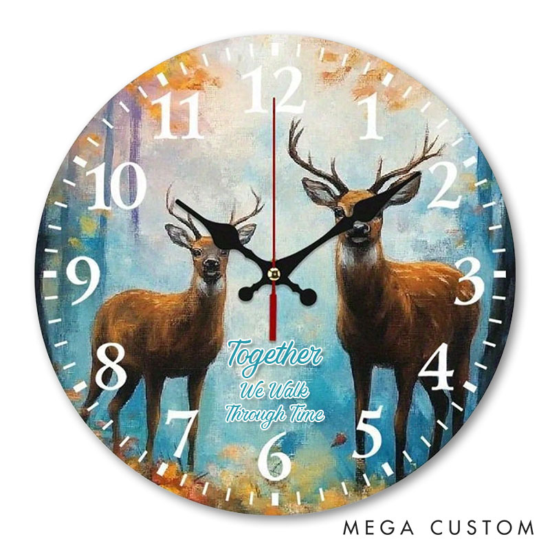 Personalized Deer Couple Together We Walk Through Time Wall Clock Custom Watercolor Style Wall Clock Anniversary Valentines Day Gift for Him Her
