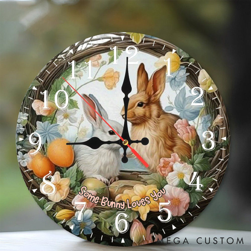 Personalized Couple Some Bunny Loves You Wall Clock Custom Easter Floral Bunny with Eggs Wall Clock with Text Easter Gift for Him Her Anniversary