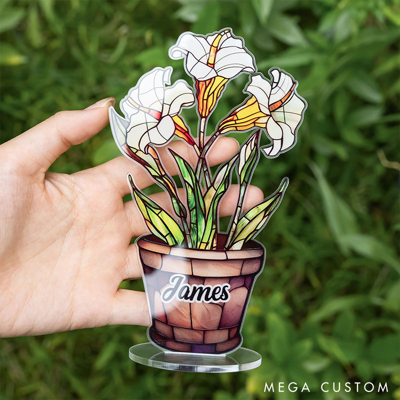 Personalized Faux Stained Glass Birth Flower Pot Acrylic Plaque with Name Home Decor Anniversary Birthday Gift for Couple Besties