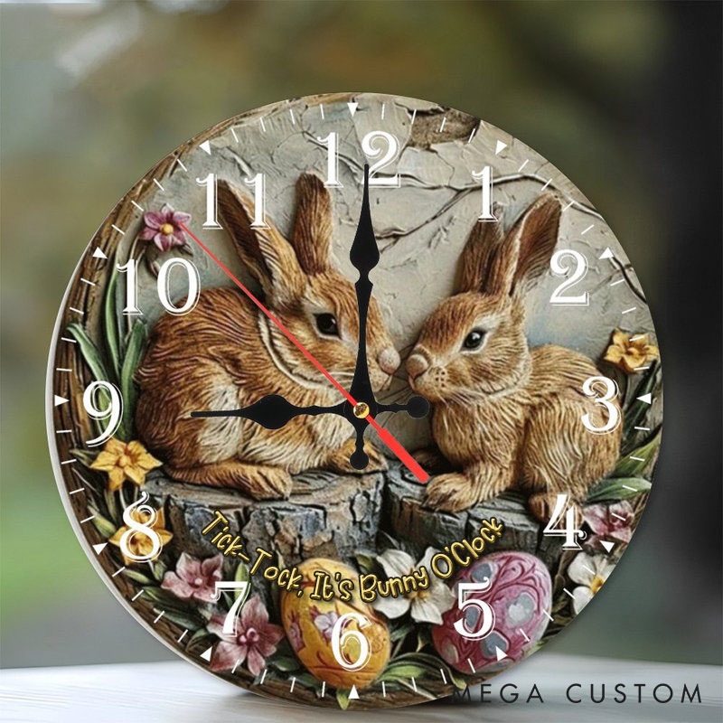 Personalized Couple Tick-Tock It’s Bunny O'Clock Wall Clock Custom Easter Bunny 3D Effect Wall Clock with Text Couple Easter Gift for Him Her