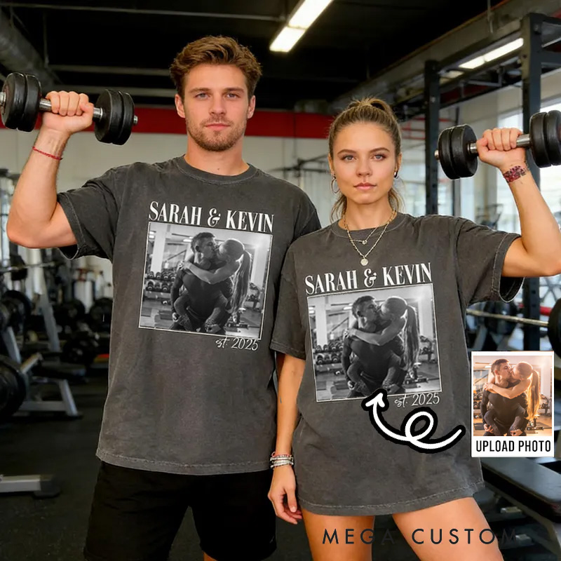 Personalized Weightlifting Couple Classic T-Shirt  Couple Shirt Custom Photo Engagement Comfort Colors Shirt Vintage Couple Picture Shirt for Gym Lover