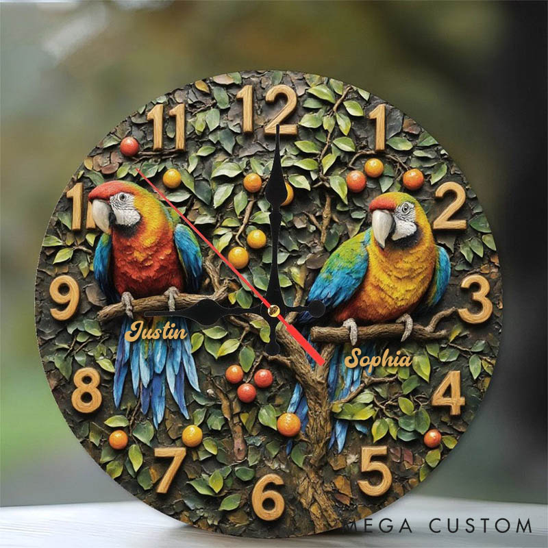 Personalized Parrot Couple Wall Clock Custom Couple Bird on a Branch 3D Effect Wall Clock with Name Couple Anniversary Valentines Day Gift for Him Her