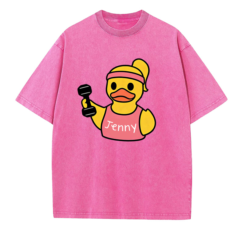 Personalized Washed T-Shirts Fitness Couple Funny Muscle Arm Duck with Name T-Shirt for Gym Lovers