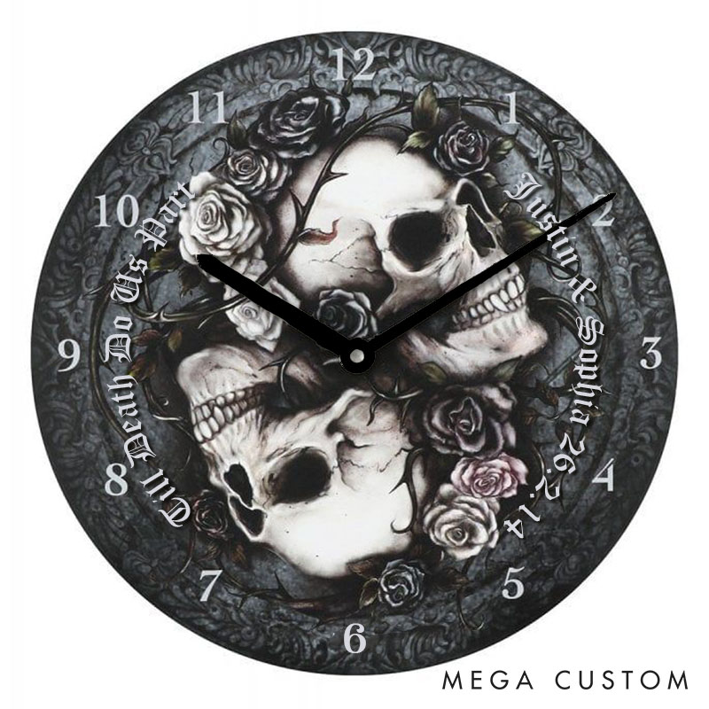 Personalized Skull Couple Till Death Do Us Part Wall Clock Custom Retro Gothic Style 3D Effect Wall Clock Anniversary Gift Valentine's Day Gift
