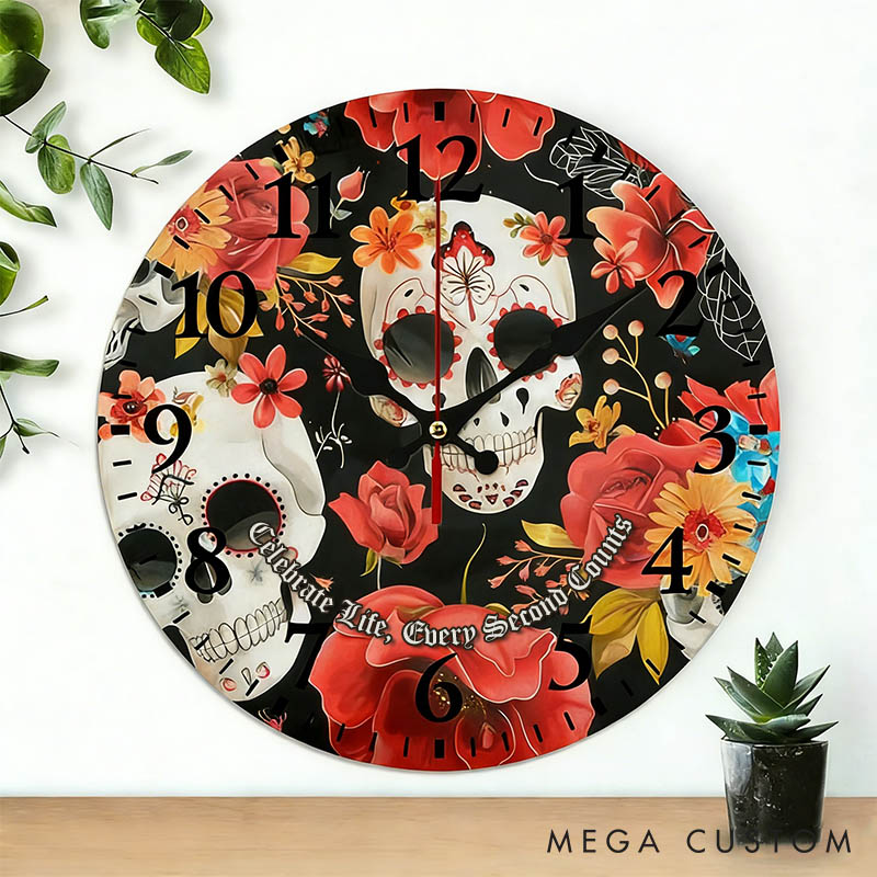 Personalized Skull Couple Celebrate Life Every Second Counts Wall Clock Custom Retro Gothic Style 3D Effect Wall Clock Anniversary Valentines Day Gift