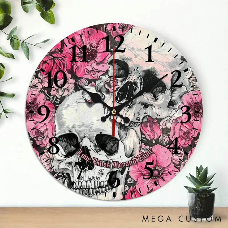 Personalized Floral Skull Couple Love Lives Beyond Time Wall Clock Custom Retro Gothic Style 3D Effect Wall Clock Anniversary Gift Valentines Day Gift