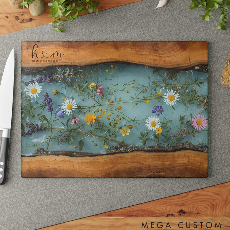 Personalized Glass Charcuterie Board Custom Couples Names Cutting Board Maple Wildflower Design Married Wedding Gift
