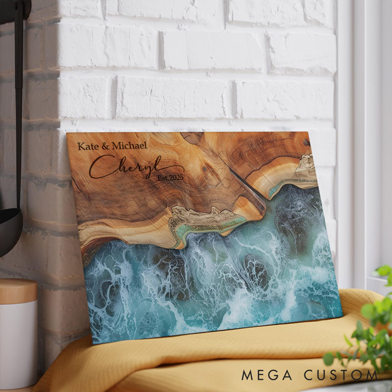 Personalized Ocean-Inspired Resin Cutting Board Custom Maple Ocean Charcuterie Board with Couple Name Wedding Gift
