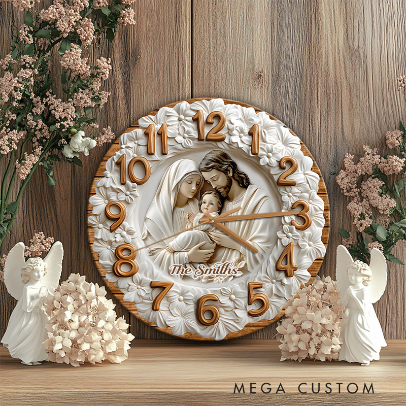 Personalized the Holy Family Wall Clock with Custom Family Name Graphic 3D Printed Wall Clock Home Decor Religious Gift for Christians