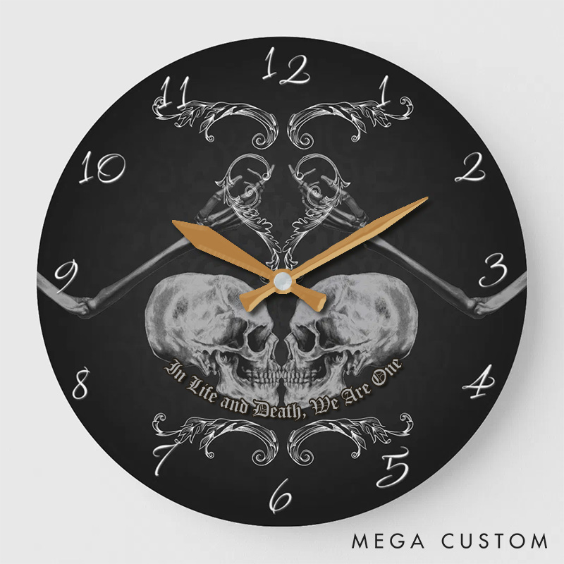 Personalized Skull Couple In Life and Death We Are One Wall Clock Custom Retro Gothic Style 3D Effect Wall Clock Anniversary Gift Valentines Day Gift