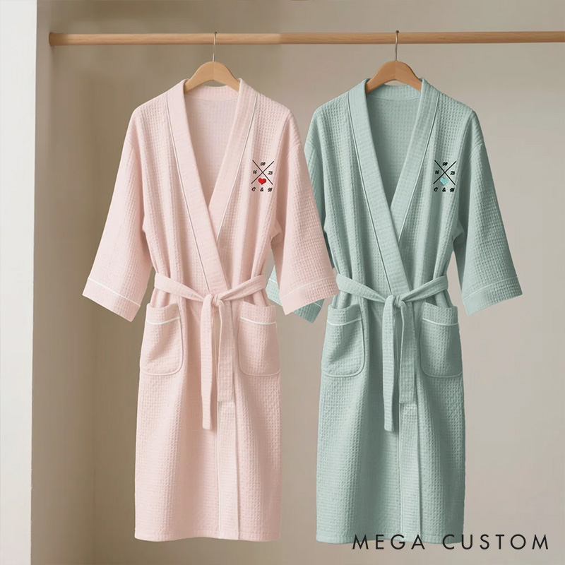 Personalized Embroidered Heart Waffle Comfortable Three-Quarter Sleeve Dressing Gown Custom Date Bathrobe Honeymoon Anniversary Valentines Day Gift