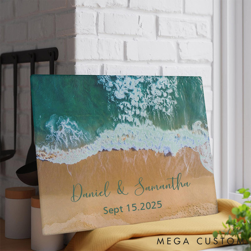 Personalized Beach-Themed Cutting Board Glass Anniversary Cutting Board Couples Wedding Chopping Block Bridal Shower Charcuterie Gift