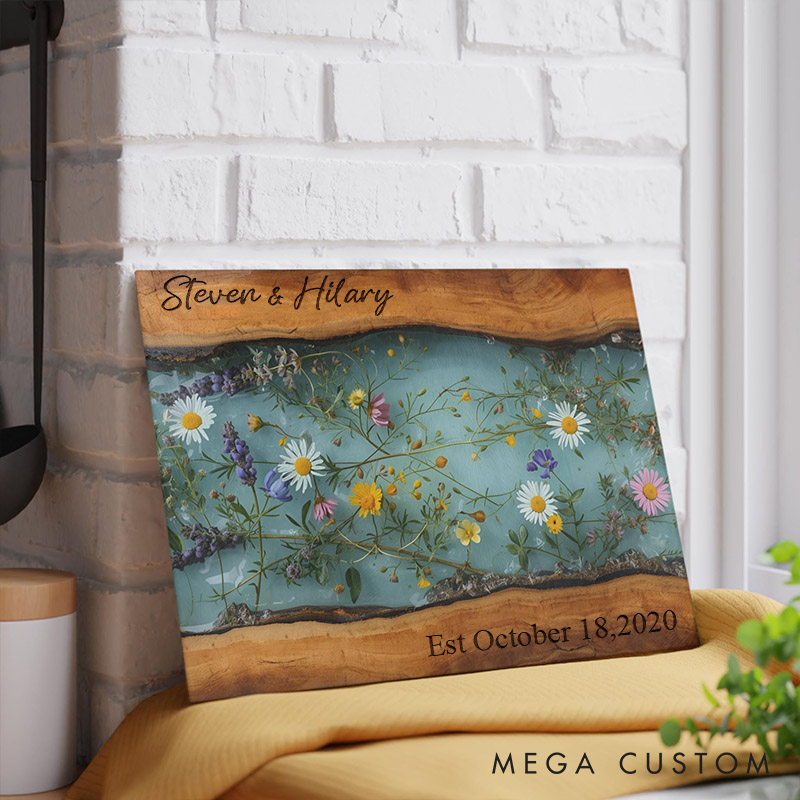 Personalized Wildflower Resin Cutting Board Couple Glass Charcuterie Cutting Board Maple Wildflower Kitchen Decor Couple Gift