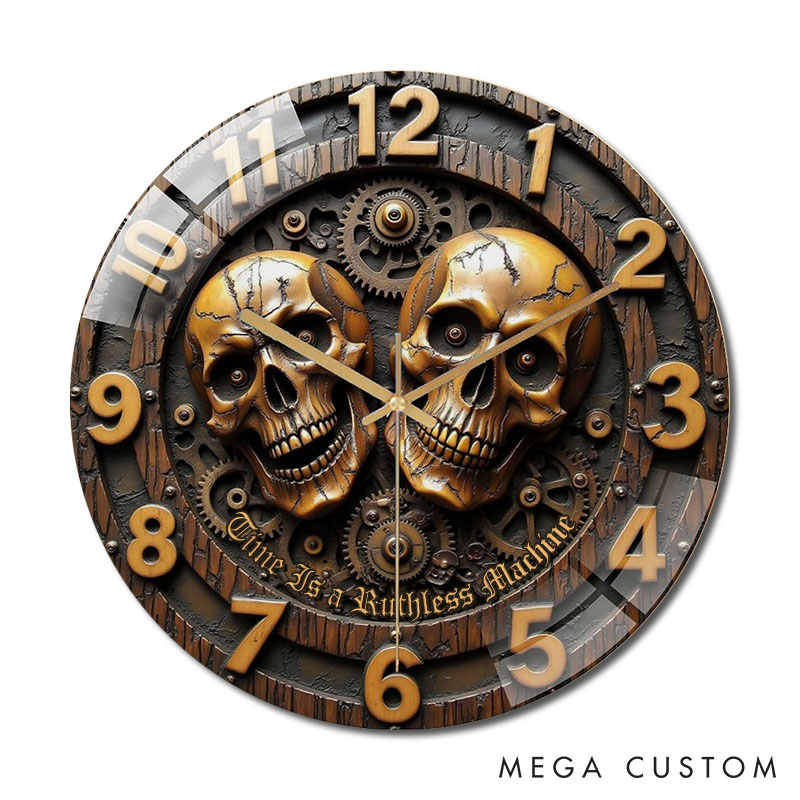 Personalized Skull Couple Time Is a Ruthless Machine Acrylic Wall Clock Custom Imitation Wood 3D Effect Wall Clock Anniversary Valentines Day Gift