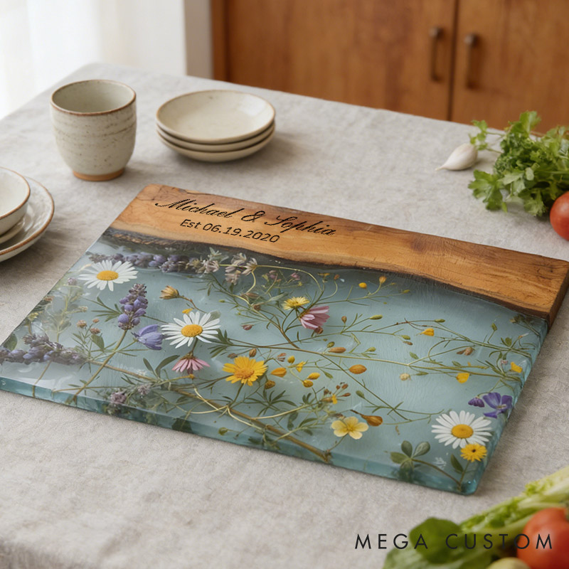 Personalized Rustic Wildflower Cutting Board Glass Charcuterie Cutting Board Maple Wildflower Wedding Gift Board for Couple