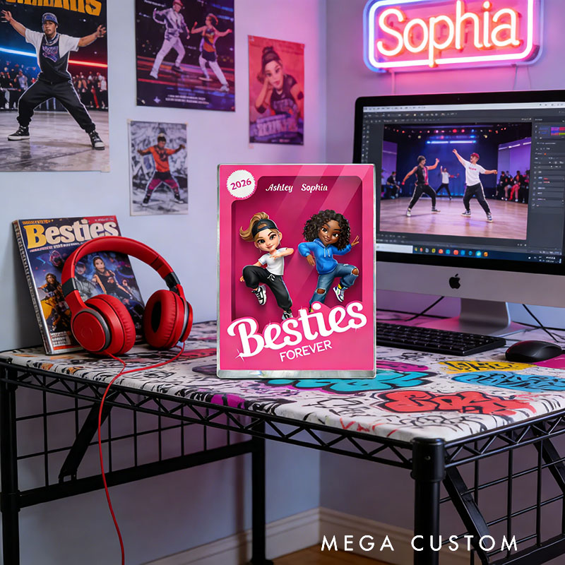 Personalized Besties Forever Pink Street Dance Action Figure Acrylic Block Plaque Customizable with Photos and Names Meaningful Gift for Best Friend Dance Lovers