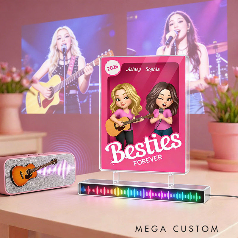 Personalized Besties Forever Pink Action Figure Acrylic Block Plaque Customizable with Photos and Names Meaningful Gift For Best Friend Guitar Lovers Music Lovers