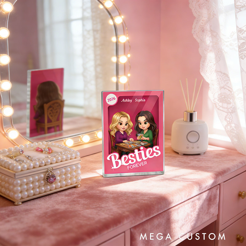 Personalized Besties Forever Pink Action Figure Acrylic Block Plaque Customizable with Photos and Names Meaningful Gift For Best Friend Tarot Lovers Magic Lovers