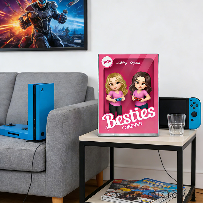 Personalized Besties Forever Pink Action Figure Acrylic Block Plaque Customizable with Photos and Names Meaningful Gift For Best Friend Game Lovers