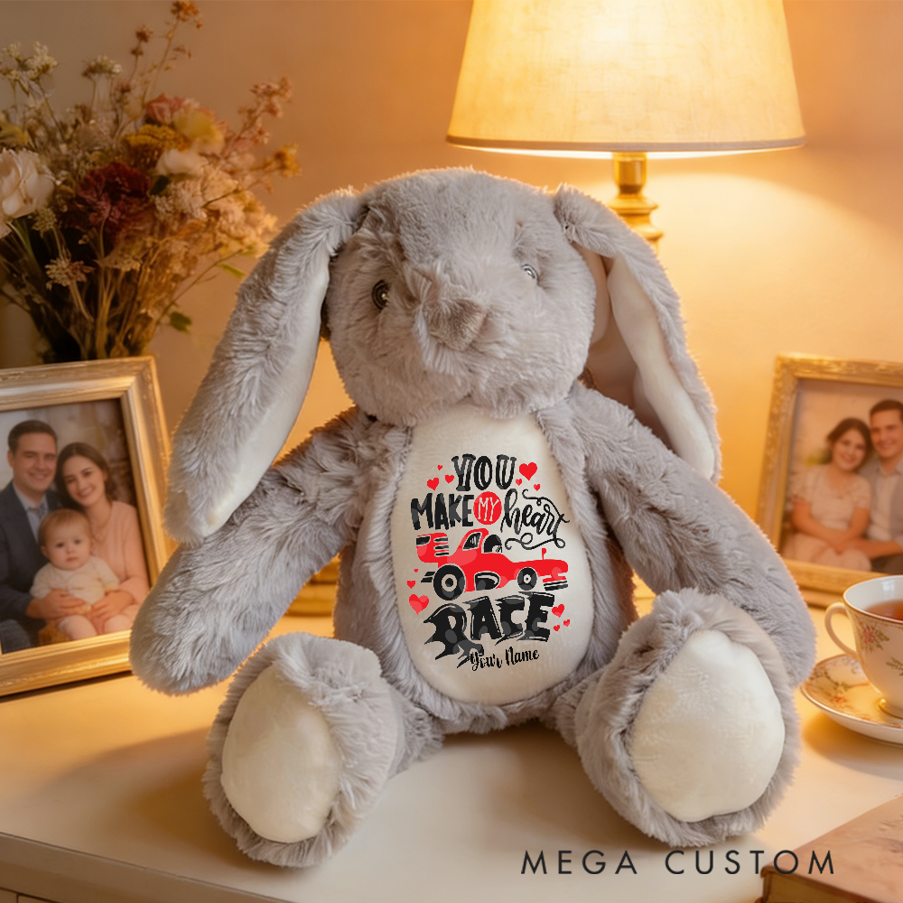 Personalized Racing Bunny Plush Custom Gift for Easter Valentine’s Day and Car Enthusiasts