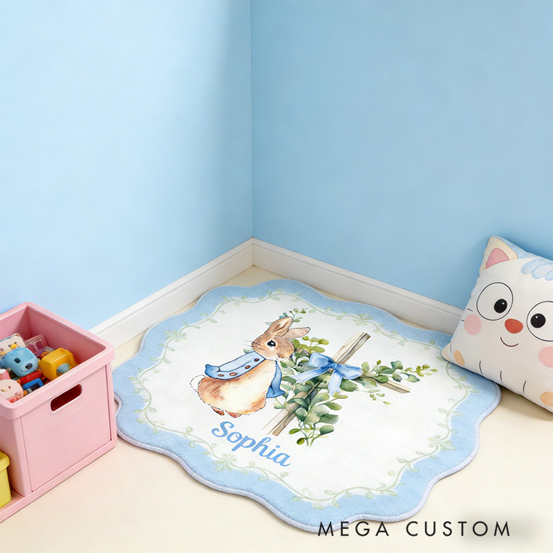 Personalize Floral Bow Cross Rabbit Rug with Custom Name Home Decor Religious Rug Faith Based Gift Easter Gift Christian Gift for Kids