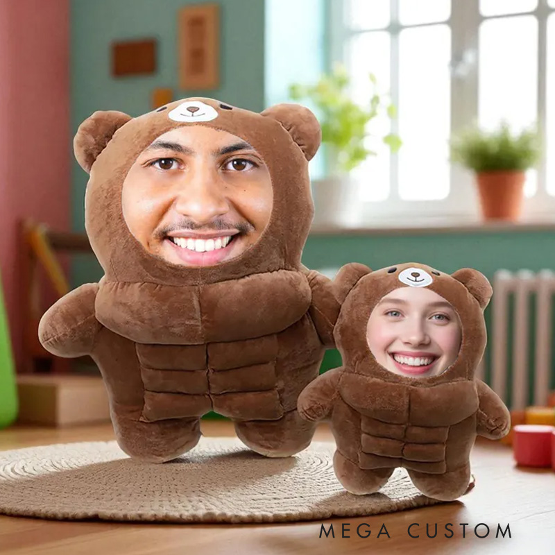 Personalized Muscle Bear Plush Toy Custom Face Stuffed Animal Pillow for Friends Gym Rat Gym Lovers