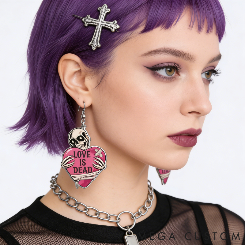 Personalized Acrylic Skull Heart Statement Earrings Dark Sweet Goth Style with "LOVE IS DEAD" for Edgy Fashion Fans