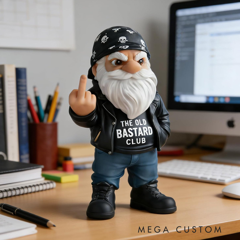 Rebel Biker Gnome Statue - "The Old Bastard Club" Resin Desk Decor