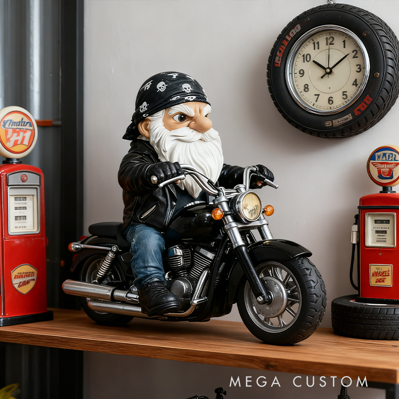 Biker Gnome on Motorcycle Statue - Resin Decor for Garage/Man Cave