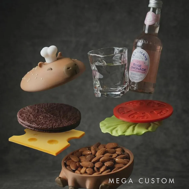 Capy-Burger Coaster Set – Cute Capybara + Burger 3D Printed Coasters, Kitchen & Bar Accessory, Unique Gift Idea,
