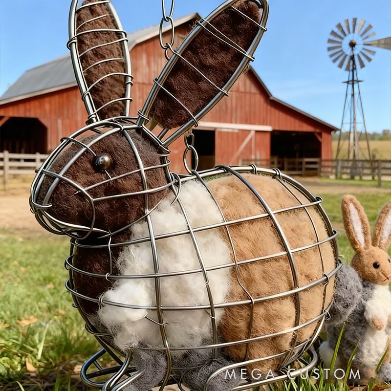 Wire-Frame Bunny Wool Hanging Decor - Rustic Farmhouse Style Rabbit Ornament