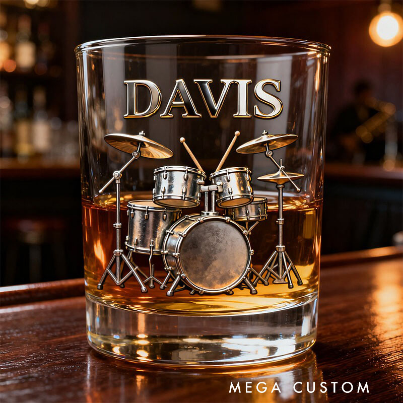 Personalized Drum Set Themed Whiskey Glass with Custom Text Whiskey Glass Engraved Glasses Gift for Music Lovers