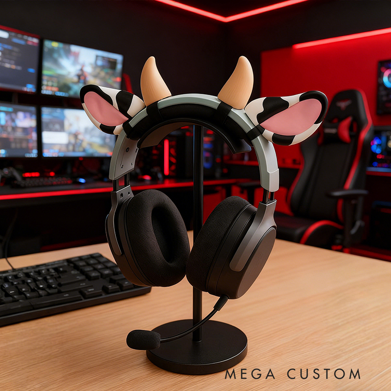 3D Printed Cow Ear & Horn Headphone Attachments - Cute Animal-Themed Gaming Headset Decor