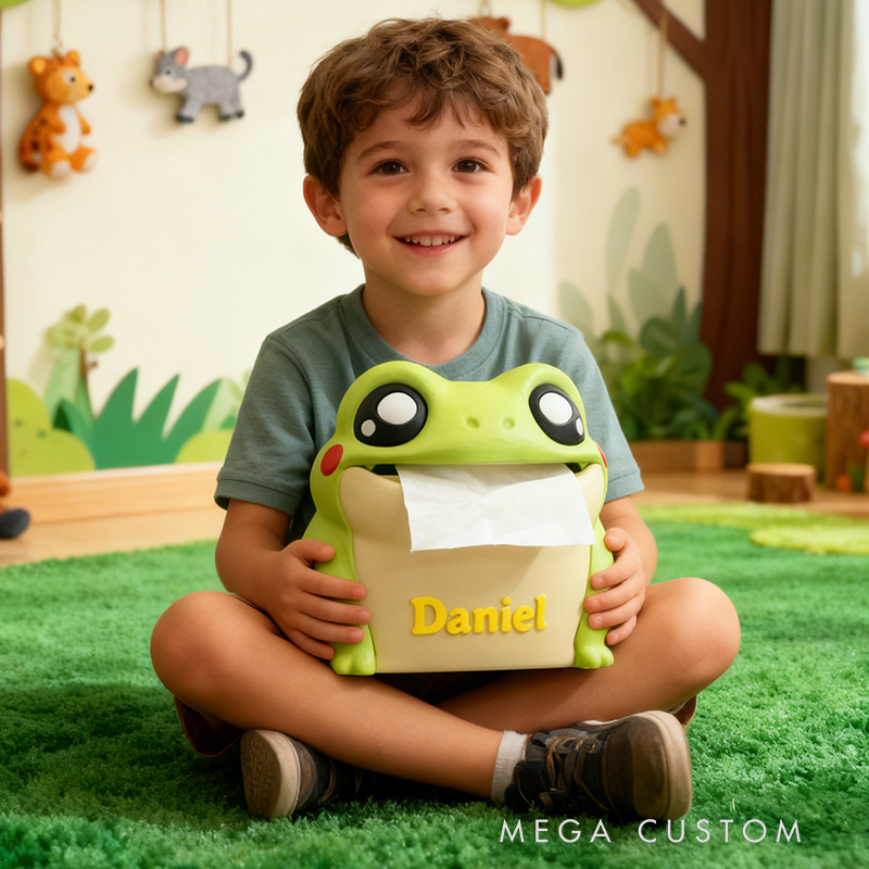 Personalized 3D Printed Frog Tissue Box Cover - Custom Name Animal-Themed Home Decor