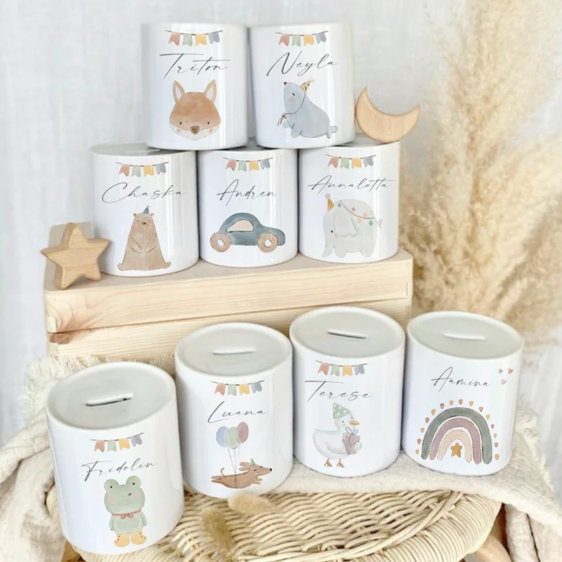 Personalized Woodland Animal Theme Name Ceramic Money Box Cute Nursery Gift Baby Keepsake Piggy Bank