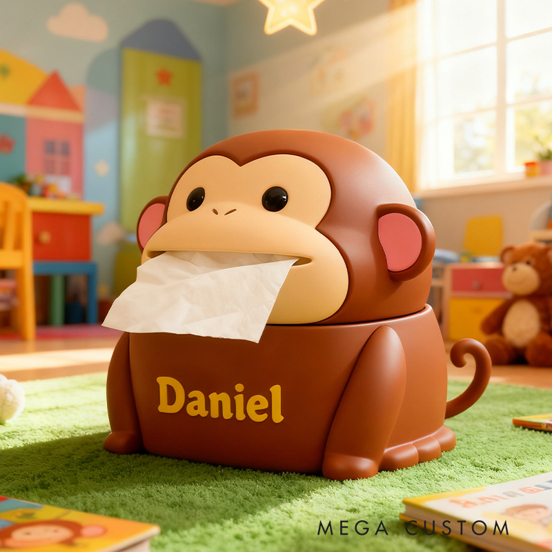 Personalized 3D Printed Monkey Tissue Box Cover - Custom Name Kids' Room Decor