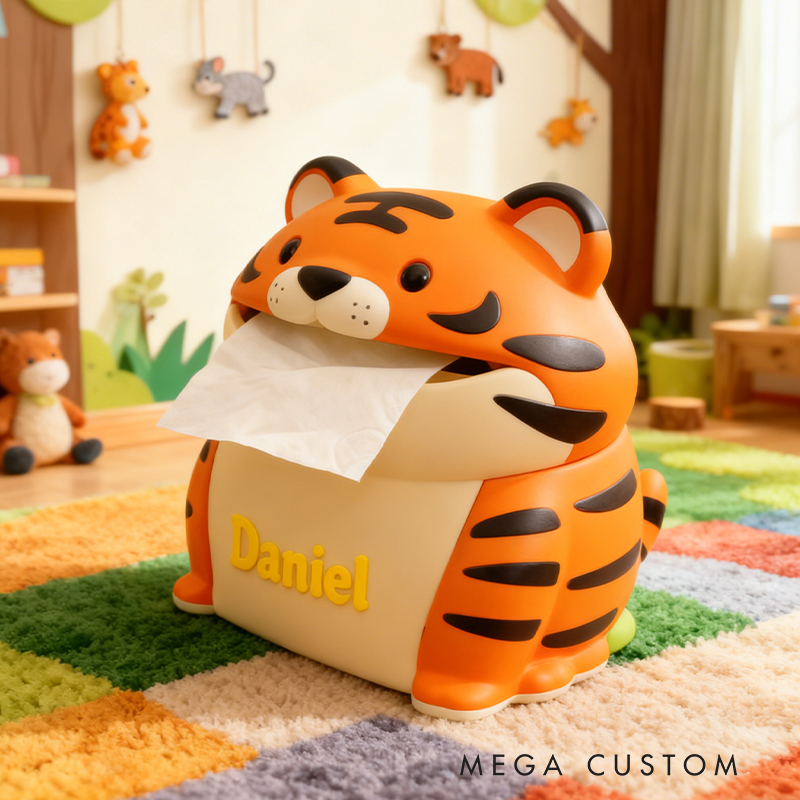 Personalized 3D Printed Tiger Tissue Box Cover - Custom Name Animal-Themed Home Decor