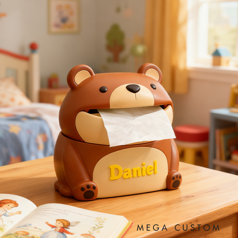 Personalized 3D Printed Bear Tissue Box Cover - Custom Name Kids' Room Organizer