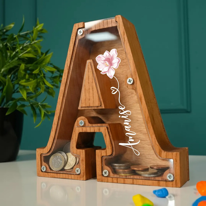 Personalized Wooden Letter Piggy Bank Birth Flower Name Transparent Money Box Gift for Kids Home Decor