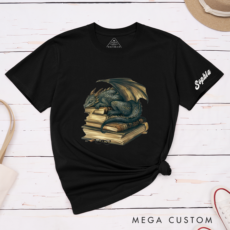 Personalized Dragon Lover Classic T-Shirts Custom Name Sleeping Dragon on Books Fantasy Reading Shirt Unique Gift for Bookworms and Readers Birthday