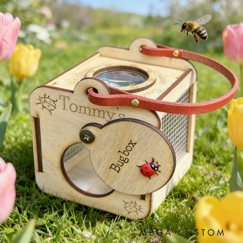 Personalized Bug Observation Box Baltic Birch Plywood Leather Handle Mesh Sides