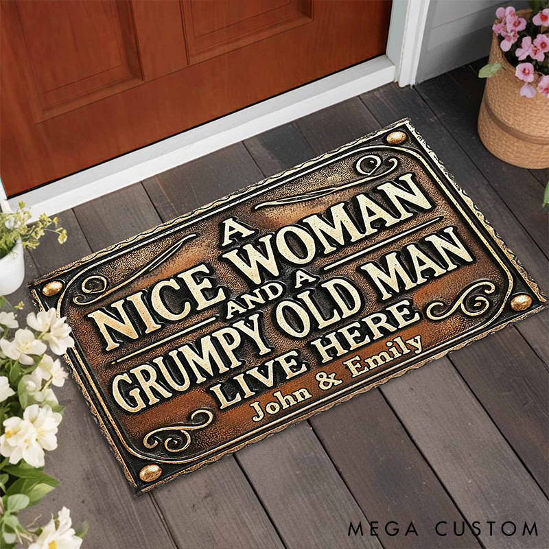 Personalized A Nice Woman And A Grumpy Old Man Live Here Vintage Design Custom Doormat Gift For Homeowners And Couples