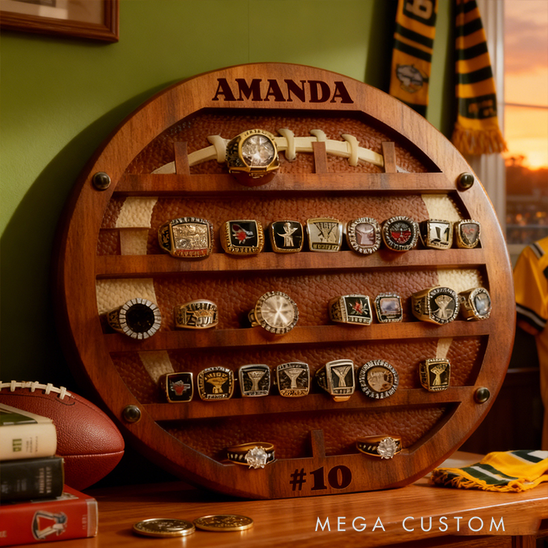 Personalized Football-Shaped Wooden Ring Display Rack - Custom Engraved Sports Trophy Holder