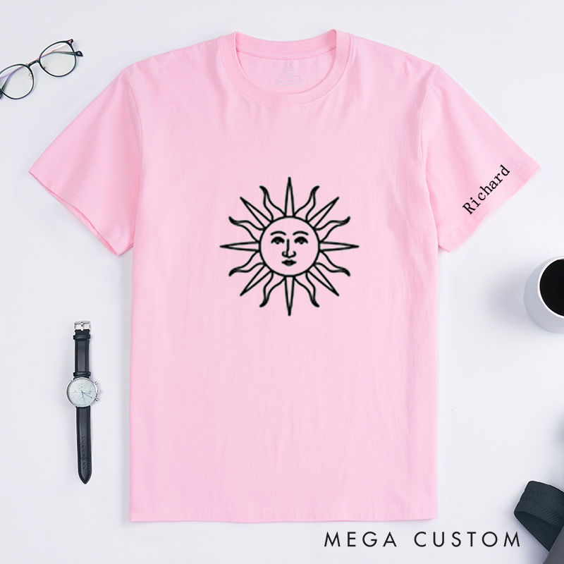 Personalized Sun Face T-Shirt Classic Unisex Custom Name Gift Unique Solar Graphic Tee for Men Women Birthday Present for Him Her Friends Family