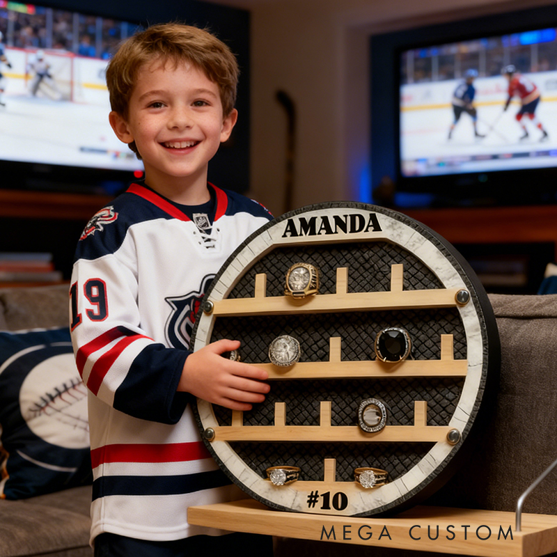 Hockey Puck-Shaped Wooden Ring Display Rack - Custom Engraved Championship Ring Holder
