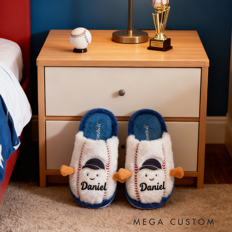 Personalized Custom Name Baseball Plush Slippers - Personalized Kids' Indoor Shoes with Smile Face Design