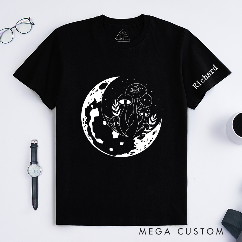 Personalized Moon and Mushroom Classic T-Shirt Custom Cosmic Nature Art Unisex Gift Unique Space Planet Print Tee