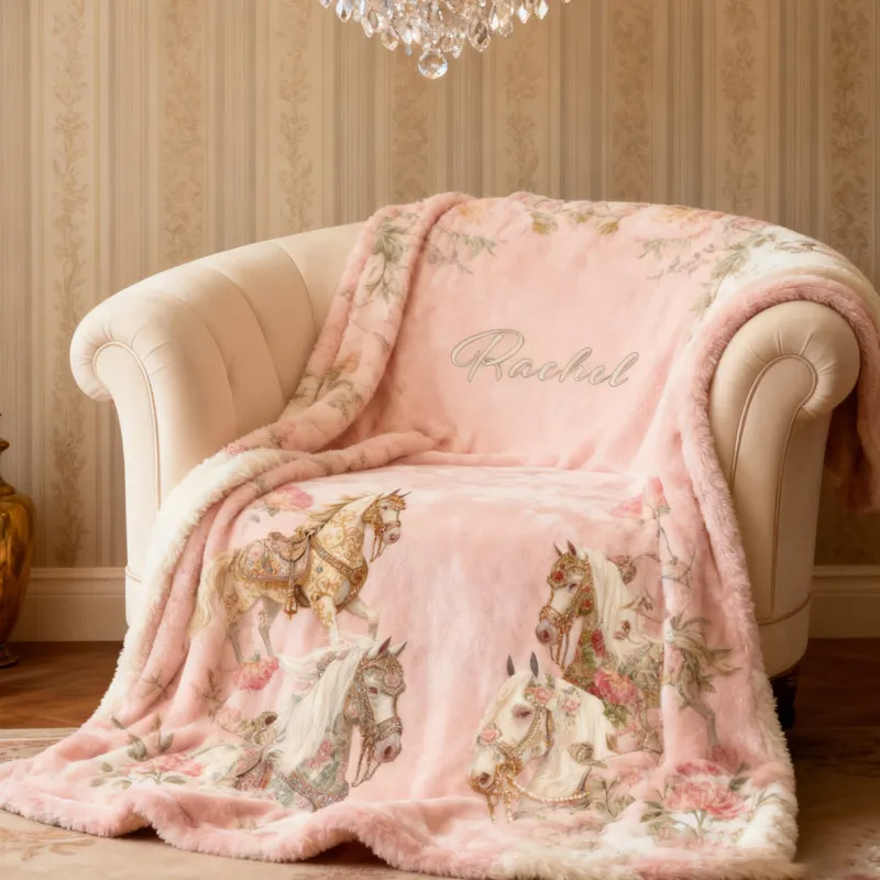 Personalized Riding Floral Blanket Floral Horse Custom Name Festive Flower Decor with French Countryside Gifts Family Blanket for Riding Lovers Equestrian Lovers