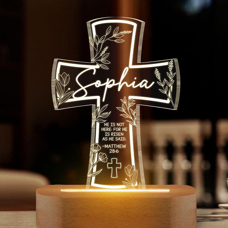 Personalized He is Risen Cross Wooden Base Acrylic LED Night Light with Custom Name Bibel Verse Night Light Religious Gift Easter Gift