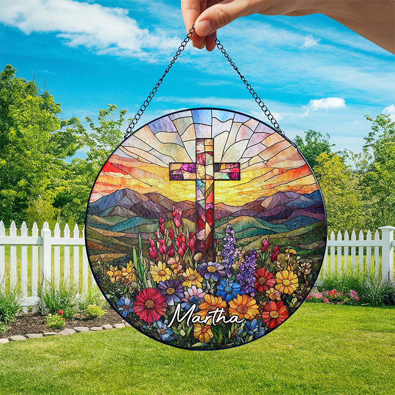 Personalized Cross and Wildflowers Stained Glass Suncatcher Ornament with Name Window Balcony Hanging Decor Christmas Home Decor Religious Gift